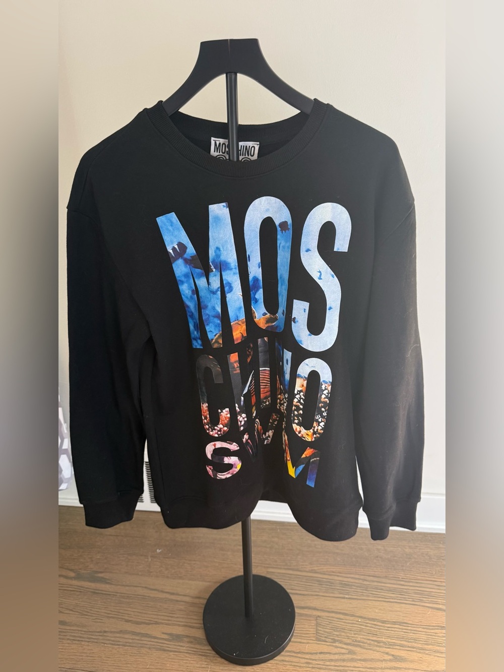 Moschino Black Graphic Logo Cardigan Sweater with Multicolor Print